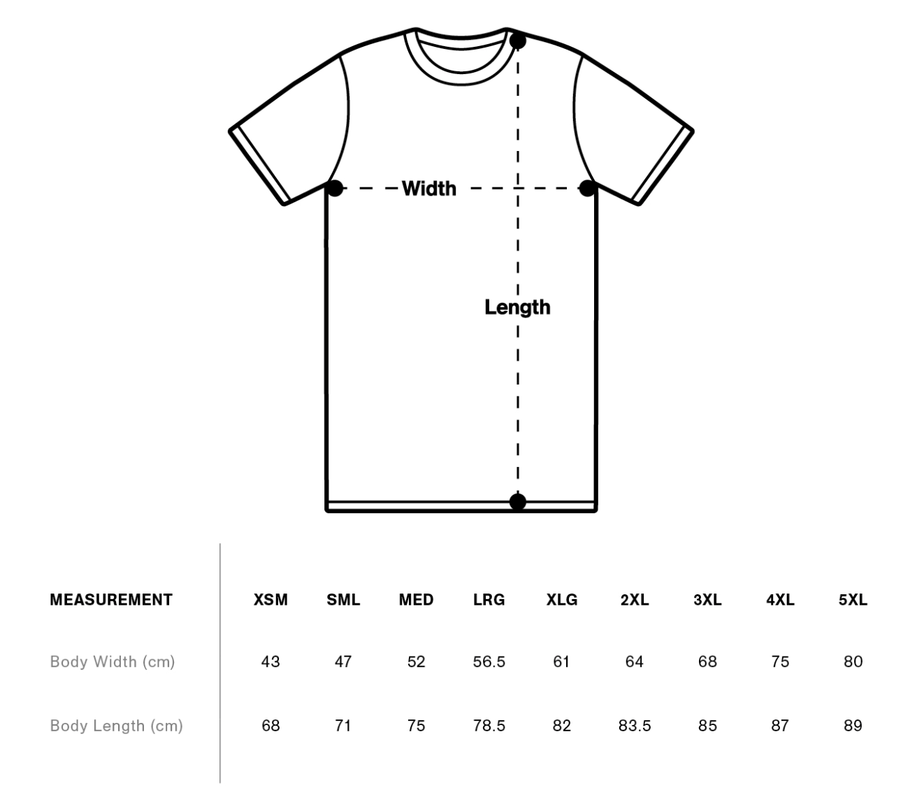 Measurement chart for t-shirts with dimensions labeled and size chart on the side.