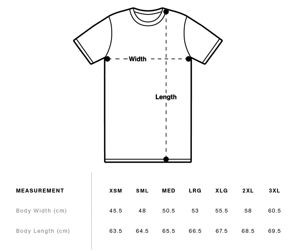 Measurement chart for t-shirts with labeled width and length, and size chart below.